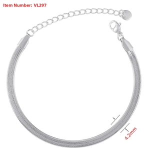 Detail view of 4.2mm silver flat snake chain bracelet with adjustable lobster clasp