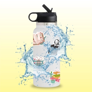 Waterproof literary stickers with books and Shakespeare on a white sport water bottle