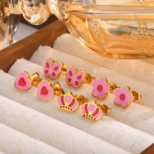 Pink Enamel Pink Flower Butterfly Heart Crown Stud Earrings Stainless Steel Gold Plated Simple Sweet Earrings For Women Girls Daily Jewelry Gift