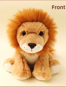 Front view of cute stuffed lion plush with fluffy brown mane and soft fur