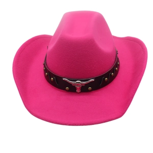 Neon pink felt cowboy hat with faux leather band and silver bull head ornament