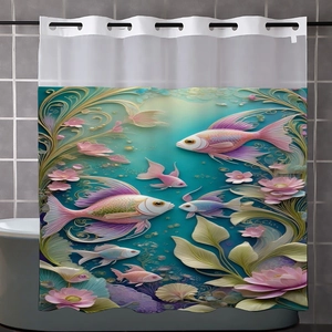Detail of waterproof waffle fabric shower curtain with colorful koi fish and pink lotus print