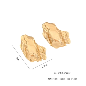 Detailed view of gold irregular lava texture stainless steel earrings with size specs