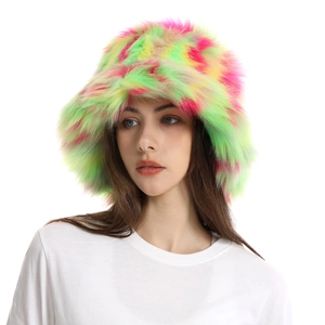 Detailed close-up of fluffy faux fur bucket hat with neon green and pink camouflage texture