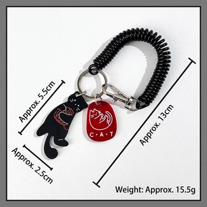 Cat acrylic pendant keychain with flexible black spiral coil wristband and metal hook
