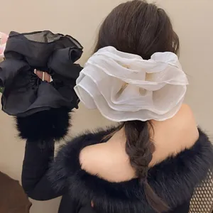 Oversized Mesh Scrunchies Chiffon Fabric Pleated Double Layer Ponytail Holder Cloud Hair Ties French Style Women