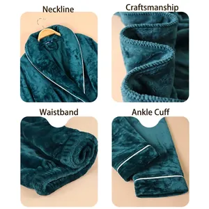 Thick coral fleece pajamas set in dark green showing collar, waist and cuff details