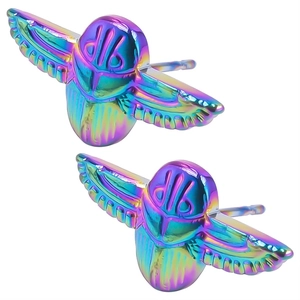 Detailed close-up of rainbow iridescent stainless steel scarab beetle stud earrings