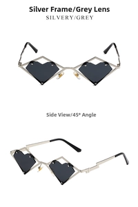 Detail view of heart-shaped grey lenses with silver metal frame in front and side angle