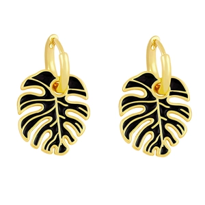 Bohemian gold leaf earrings with black monstera enamel detail for a vintage nature look
