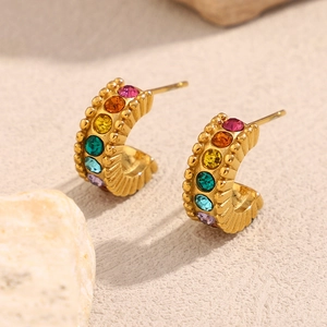 18K gold plated stainless steel C-shaped hoop earrings with colorful zircon stones
