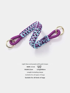 Detail of light blue and purple hand-woven strap with golden spring rings, 60cm length
