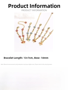 Detail showing bowknot bracelet measurements 13 plus 7cm with zircon leaf accents