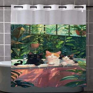 Close-up of cat and lush plants illustration on waterproof double-layer shower curtain