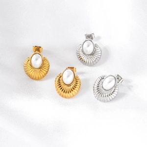 Vintage Shell Stud Earrings 316 Stainless Steel 18K Gold Plated Oval Imitation Artificial Pearl Elegant Geometric Jewelry For Women