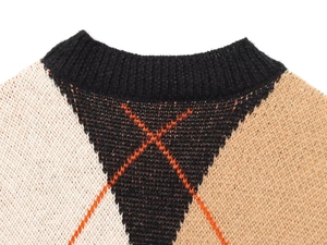 Close-up of the crew neck design and diamond knit pattern on a knitted sweater vest