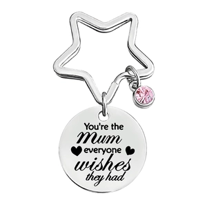 Star-shaped ring keychain with pink gem and engraved Mother's Day metal plaque