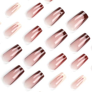 Brown and nude gradient French tip long square press-on nails with a glossy finish