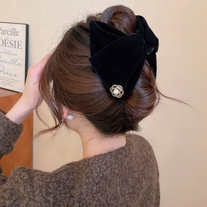 Vue détaillée de la pince à cheveux en velours noir ornée d'une perle blanche centrale