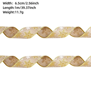 Detail view of 6.5cm wide burlap Christmas ribbon with golden snowflake print and dimensions