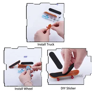 DIY finger scooter assembly kit showing installation steps with orange board and parts