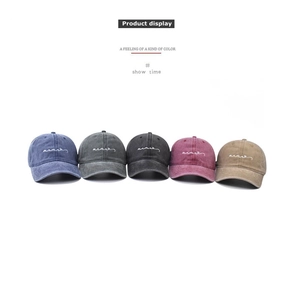 Detailed product display of five washed cotton baseball caps with cursive letter embroidery