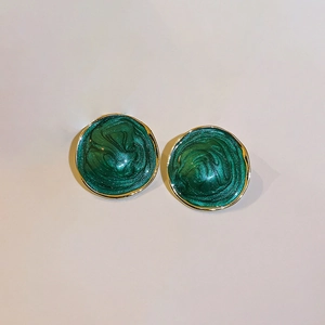 Vintage emerald green round enamel stud earrings with gold trim for women