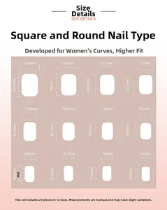 Size chart for square-round press-on nails showing 12 different width and length dimensions