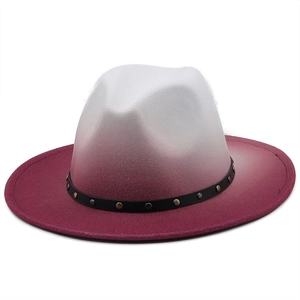Detail of white and wine red gradient fedora with studded leather band decor