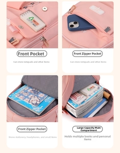 Detailed four-compartment storage layout of a pink school backpack with durable nylon fabric