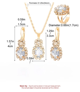 Detailed size specifications for gold waterdrop jewelry set with rhinestones and crystals