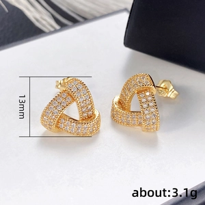 Gold intertwined heart earrings with white zircons, 13mm size and 3.1g weight