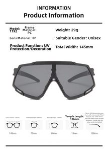 Detailed dimension guide for model 1192 sports sunglasses with PC frame and gray lenses