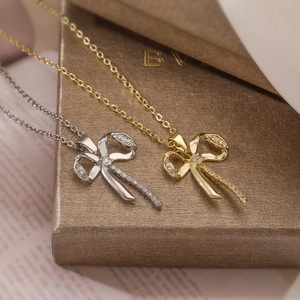 Bowknot Pendant Necklace Copper Zircon Inlaid Elegant Chic Jewelry For Women Fashion Accessory