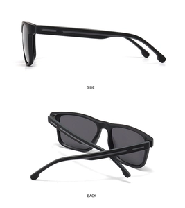 Detail view of matte black square TR sunglasses showing side texture and back frame structure