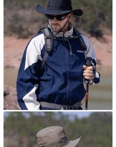 Detailed close-up of a wide-brim breathable sun hat with chin strap for outdoor activities