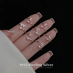 Alphabet Initial Open Ring Zircon Inlaid Brass Adjustable Fashion Dainty Jewelry For Women