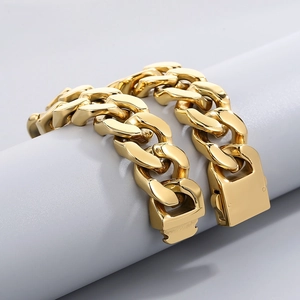 Polished 20mm gold stainless steel Cuban link bracelet for men with square clasp