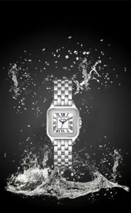 Detail view of square women watch with diamond bezel and silver steel strap water splash effect