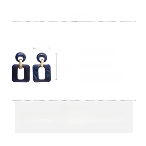 Detailed spec sheet showing blue marble acrylic earrings with 5.6cm by 3.2cm size dimensions