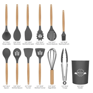 12pcs grey silicone kitchen utensil set with wooden handles and a storage bucket