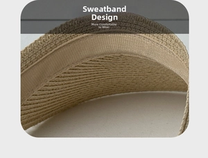 Detail view of the breathable inner sweatband and straw weave on an open top sun hat