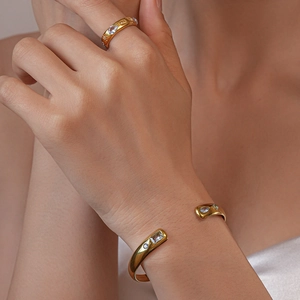 Vintage Stainless Steel Zircon Open Bangle And Ring Sun Water Drop Pattern Adjustable Minimalist Jewelry For Women