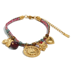 Bohemian 18K gold-plated stainless steel sun pendant bracelet with colorful braided cord