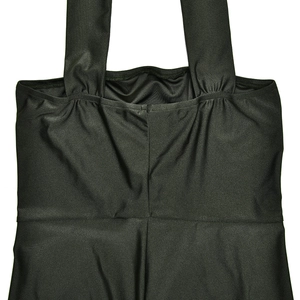 Detail of black halter bodysuit with ruched chest design and smooth stretch fabric