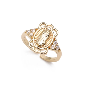 Macro view of gold open ring featuring Virgin Mary carving and micro-set zircon accents