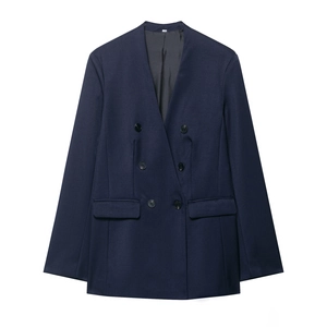 Navy blue collarless double-breasted blazer and pants set for women in a flat lay view