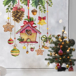 Festive Christmas window stickers with gingerbread, pine cones, and red green ribbons