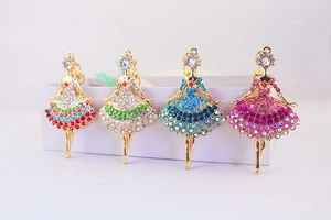 Detail of ballet dancer keychains in four colors with colorful rhinestones and gold alloy