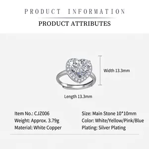 Élégante bague en zircon cœur de 10mm avec anneau argenté et détails pavés